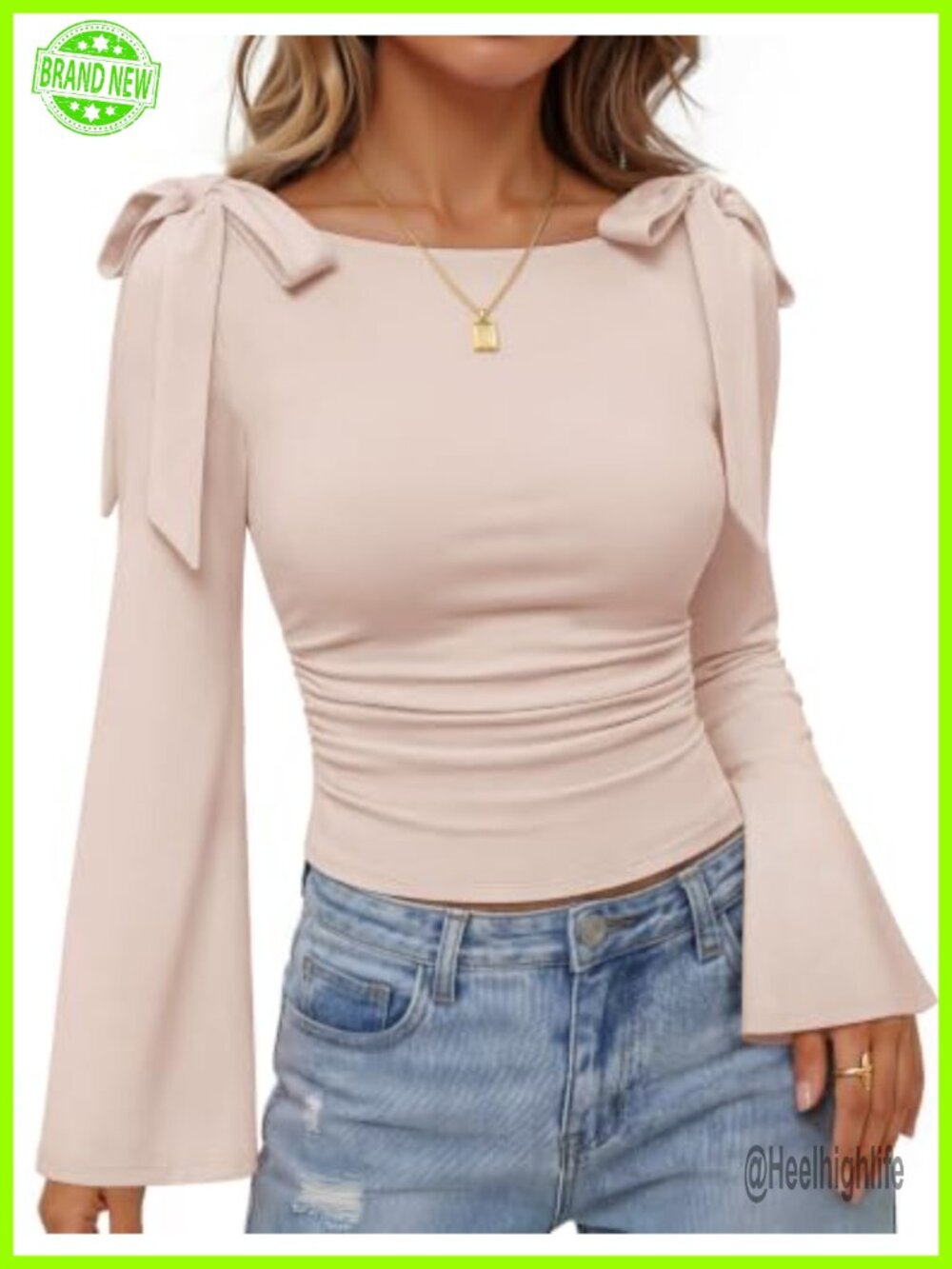 Womens Tie Shoulder Y2K Long Sleeve Blouse Slim Fit Ruched Top